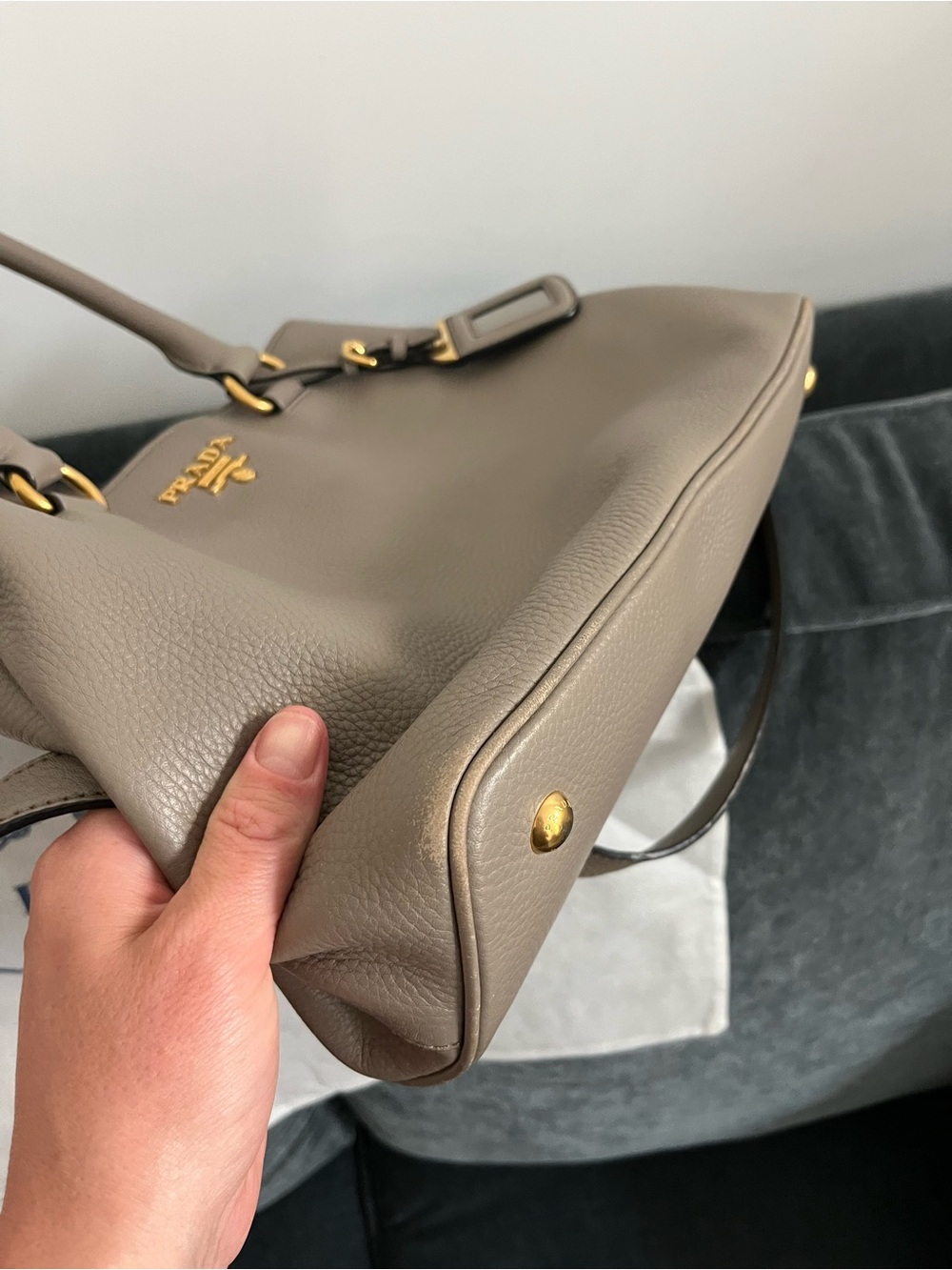 100% AUTH Prada Taupe Pebbled Leather Satchel with Gold Hardware - Picture 6 of 14